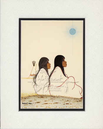 painting of two native americans, sitting on ground, side view, tipi in background